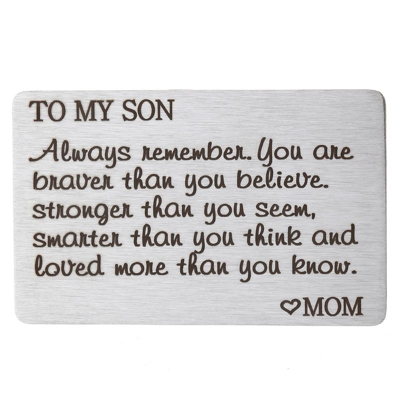 PLwelth Son Engraved Wallet Card from Mom Stainless Steel Men Boys Teen Inspirational Message Wallet Insert Card Son Gift Birthday Graduation Christmas Coming of Age Gift - Image 1